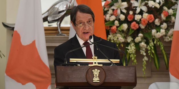 Cyprus' President Nicos Anastasiades holds a joint press conference and exchange of agreements after a delegation level meeting with Indian Prime Minister Narendra Modi in New Delhi on April 28, 2017.
President Anastasiades is on a state visit to India from April 25-29. / AFP PHOTO / PRAKASH SINGH (Photo credit should read PRAKASH SINGH/AFP/Getty Images)