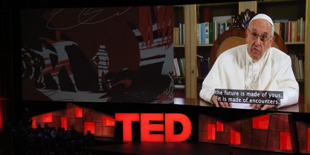 Pope Francis speaks during the TED Conference, urging people to connect with and understand others, during a video presentation at the annual scientific, cultural and academic event in Vancouver, Canada, April 25, 2017. / AFP PHOTO / Glenn CHAPMAN (Photo credit should read GLENN CHAPMAN/AFP/Getty Images)