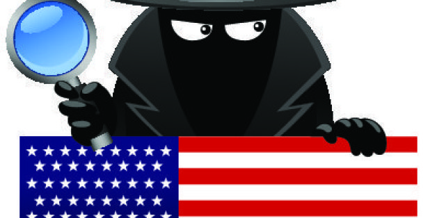 Vector illustration of a spy with magnifying glass behind an american flag