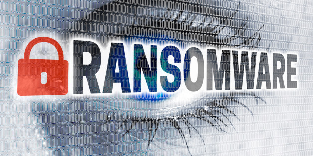 Ransomware eye with matrix looks at viewer concept.