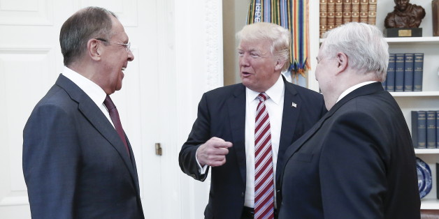 WASHINGTON, D.C., USA - MAY 10, 2017: Russia's Foreign Minister Sergei Lavrov, US President Donald Trump, and Russia's Ambassador to the United States Sergei Kislyak (L-R) during a meeting in the Oval Office at the White House. Alexander Shcherbak/TASS (Photo by Alexander Shcherbak\TASS via Getty Images)