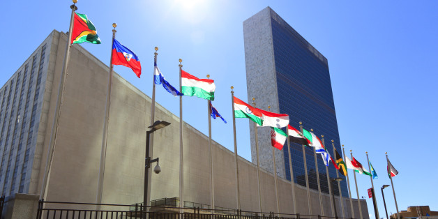 New York, USA: United State Headquarters with the members flags erected on the poles.