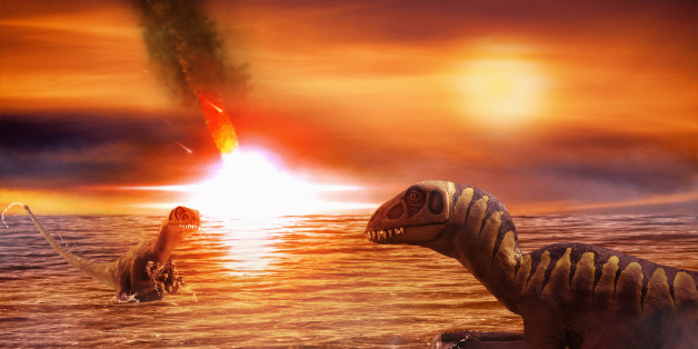 Two figures of dinosaurs Troodon, a reptile from the Campanian age of the Cretaceous period, technique of photoshop are placed in an imaginary seascape