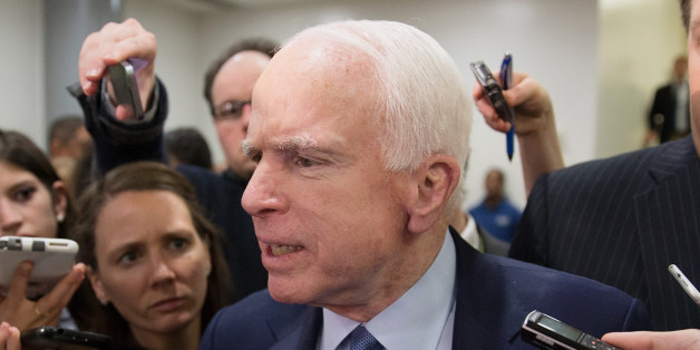 WASHINGTON, DC - MAY 18: U.S. Sen. John McCain (R-AZ) speaks to the media after the closed briefing May 18, 2017 on Capitol Hill in Washington, DC. Rosenstein participated in a closed briefing for senators to discuss the removal of former FBI Director James Comey. (Photo by Tasos Katopodis/Getty Images)