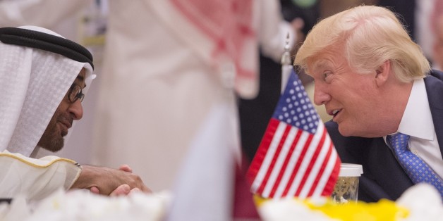 RIYADH, SAUDI ARABIA - MAY 21 : (----EDITORIAL USE ONLY MANDATORY CREDIT - 'BANDAR ALGALOUD / SAUDI ROYAL COUNCIL / HANDOUT' - NO MARKETING NO ADVERTISING CAMPAIGNS - DISTRIBUTED AS A SERVICE TO CLIENTS----) The Crown Prince of Abu Dhabi General Sheikh Mohammed Bin Zayed Al Nahyan (L) and U.S. President Donald Trump (R) speak during the U.S. - Gulf Summit at King Abdul Aziz International Conference Center in Riyadh, Saudi Arabia May 21, 2017. (Photo by BANDAR ALGALOUD / SAUDI ROYAL COUNCIL / HANDOUT/Anadolu Agency/Getty Images)