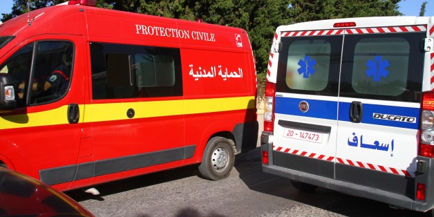 SOUSSE, TUNISIA - JUNE 26: An ambulance seen at the attack site after gunmen stormed a popular tourist resort on June 26, 2015 in Sousse, Tunisia. The shocking pictures taken on a mobile phone show some of the victims gunned down near the Imperial Marhaba hotel. At least 37 are confirmed dead after gunmen opened fire at a hotel popular with British and European holidaymakers. PHOTOGRAPH BY Mohamed Krit / Barcroft Media (Photo credit should read Mohamed Krit / Barcroft Media via Getty Images)
