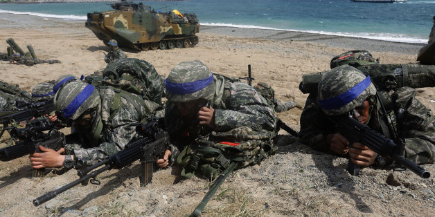 POHANG, SOUTH KOREA - APRIL 02: South Korean marines participate in landing operation referred to as Foal Eagle joint military exercise with US troops Pohang seashore on April 2, 2017 in Pohang, South Korea. South Korea military troops held for joint annual military exercise with the U.S. drawing criticism from North Korea, arguing that these training exercises will worsen the standoff over North Korea's nuclear weapons program. (Photo by Chung Sung-Jun/Getty Images)