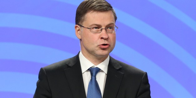 BRUSSELS, BELGIUM - MAY 22: Vice-President of the European Commission, Valdis Dombrovskis speaks during a joint press conference with Marianne Thyssen (not seen), Member of the European Commission in charge of Employment, Social Affairs, Skills and Labour Mobility, an Pierre Moscovici (not seen), Member of the European Commission in charge of Economic and Financial Affairs, Taxation and Customs, in Brussels, Belgium on May 22, 2017. (Photo by Dursun Aydemir/Anadolu Agency/Getty Images)