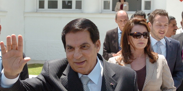 Tunisian President Zine El Abidine Ben Ali (front) waves to wellwishers after voting for the municipal elections next to his wife Leila (C) and his son-in-law the Tunisian businessman Sakhr Materi (R) on May 9, 2010 in Tunis. Polls opened in Tunisia on May 9, 2010, for municipal elections in which the ruling party of long-time President Zine El Abidine Ben Ali is widely tipped to come out victorious. AFP PHOTO/ FETHI BELAID (Photo credit should read FETHI BELAID/AFP/Getty Images)