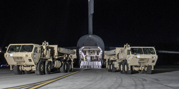 Photo provided by U.S. Forces Korea, a truck carrying parts of U.S. missile launchers and other equipment needed to set up the Terminal High Altitude Area Defense (THAAD) missile defense system arrive at the Osan base, South Korea. The U.S. military has begun moving equipment for the controversial missile defense system to ally South Korea. The announcement Tuesday by the U.S. military comes a day after North Korea test-launched four ballistic missiles into the ocean near Japan.