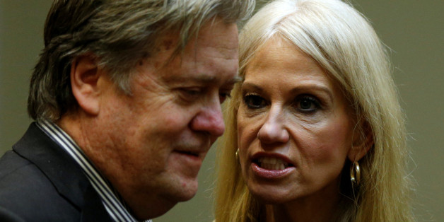 U.S. President Donald Trump's chief strategist Steve Bannon (L) and senior aide Kellyanne Conway speak at meeting hosted by Trump with cyber security experts in the Roosevelt Room of the White House in Washington January 31, 2017. REUTERS/Kevin Lamarque