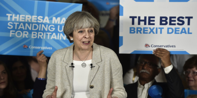 DEWSBURY, UNITED KINGDOM - JUNE 3: Britain's Prime Minister Theresa May speaks at an election campaign event during a visit to West Yorkshire at Thornhill Cricket and Bowling Club on June 3, 2017 in Dewsbury, England. All parties continue to campaign across the country ahead of the general election on June 8. (Photo by Hannah McKay/Pool/Getty Images)