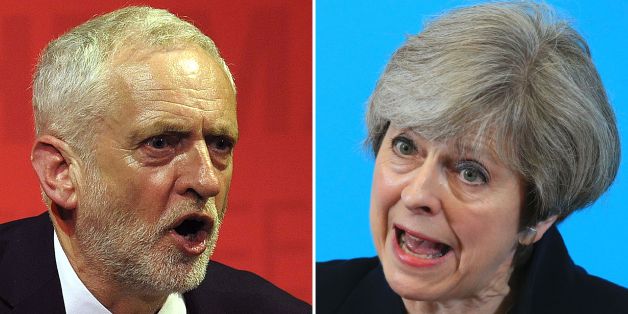 A combination of pictures created in London on May 31, 2017 shows Labour Party leader Jeremy Corbyn (L) delivering a speech at The Old Fruitmarket venue in Glasgow, Scotland on Sunday 28th May 2017 ahead of the 2017 General Election and Britain's Prime Minister Theresa May (R) addressing supporters during a campaign meeting at the Linskill Centre in North Shields, northern England on May 12, 2017. Britain goes to the polls to vote in a general election on June 8. / AFP PHOTO / Andy Buchanan AND