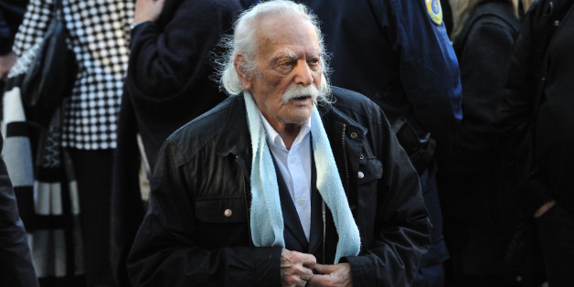 ATHENS, GREECE - NOVEMBER 22: World War II resistance hero Manolis Glezos leaves Aghios Dimitrios church in the Palaio Psychiko region of Athens after the funeral of former President Kostis Stephanopoulos on November 22, 2016 in Athens. (Photo by Nicolas Koutsokostas/Corbis via Getty Images)
