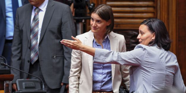 Serbia's future Public Administration Minister Ana Brnabic (C) arrives to the Serbian Parliament on August 9, 2016 in Belgrade.
Serbian Prime Minister Aleksandar Vucic announced a new cabinet line-up on August 8 that included the first openly gay ministerial candidate in the conservative Balkan country. Ana Brnabic, 40, is set to be appointed minister for state administration, pending parliamentary approval of the cabinet on August 9.
/ AFP / ALEXA STANKOVIC (Photo credit should read ALEXA STANKOVIC/AFP/Getty Images)