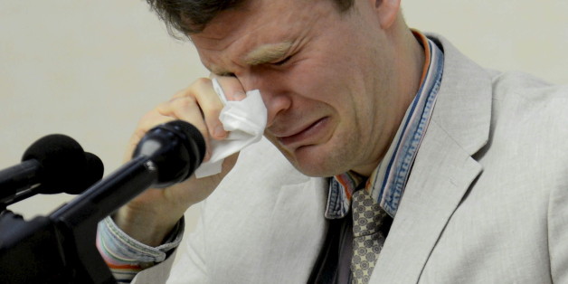 U.S. student Otto Warmbier reacts at a news conference in this undated photo released by North Korea's Korean Central News Agency (KCNA) in Pyongyang February 29, 2016. The U.S. student held in North Korea since early January was detained for trying to steal an item bearing a propaganda slogan from his Pyongyang hotel and has confessed to "severe crimes" against the state, the North's official media said on Monday. REUTERS/KCNA ATTENTION EDITORS - THIS PICTURE WAS PROVIDED BY A THIRD PARTY.