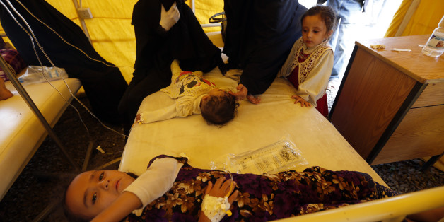 Yemeni children suspected of being infected with cholera receive treatment at Sabaeen Hospital in Sanaa, on June 13, 2017.Six weeks into the second outbreak of the deadly disease in less than a year, at least one patient checks in at Sabaeen every 60 seconds -- a level of emergency that overwhelms staff. / AFP PHOTO / Mohammed HUWAIS (Photo credit should read MOHAMMED HUWAIS/AFP/Getty Images)
