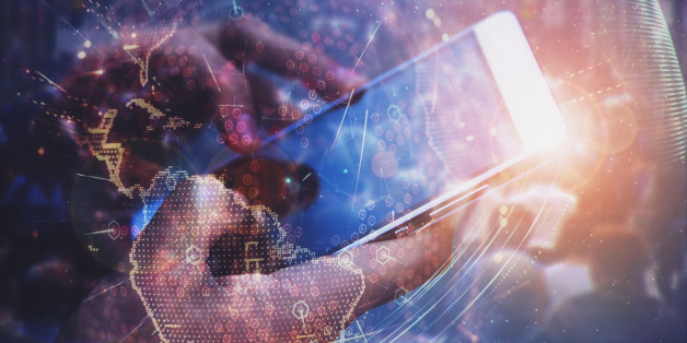 Woman hand holding cellphone. Double exposure with crowded city and world network.