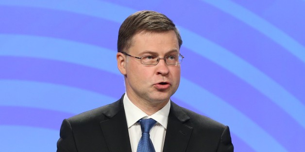BRUSSELS, BELGIUM - MAY 22: Vice-President of the European Commission, Valdis Dombrovskis speaks during a joint press conference with Marianne Thyssen (not seen), Member of the European Commission in charge of Employment, Social Affairs, Skills and Labour Mobility, an Pierre Moscovici (not seen), Member of the European Commission in charge of Economic and Financial Affairs, Taxation and Customs, in Brussels, Belgium on May 22, 2017.
(Photo by Dursun Aydemir/Anadolu Agency/Getty Images)