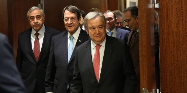 NEW YORK, USA - JUNE 4: UN Secretary-General António Guterres (C) walks along with Greek Cypriot President Nicos Anastasiades (2nd L) and Turkish Cypriot President Mustafa Akinci (L) before a meeting at the United Nations headquarters in Manhattan borough of New York, United States on June 4, 2017. (Photo by Mohammed Elshamy/Anadolu Agency/Getty Images)