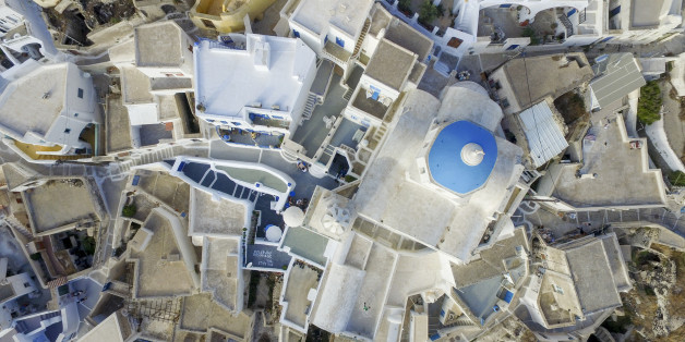 SANTORINI, GREECE - JULY 01: Aerial view of Pyrgos Kallistis or Pyrgos village on July 01, 2015 in Santorini, Greece. (Photo by Athanasios Gioumpasis/Getty Images)