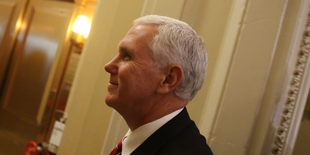 WASHINGTON, DC - JUNE 27: Vice President Mike Pence leaves a meeting with Senate Republicans before it was announced that a health care vote will be delayed, on Capitol Hill, June 27, 2017 in Washington, DC. The Republican-led Senate could not get enough votes to pass a health care bill this week. (Photo by Mark Wilson/Getty Images)