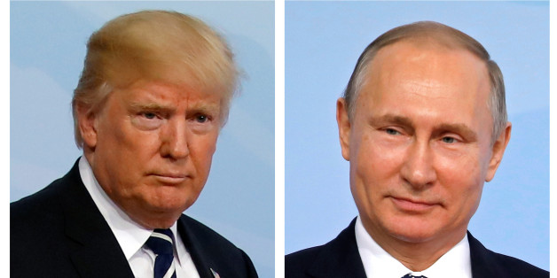 A combination of two photos shows U.S. President Donald Trump and Russian President Vladimir Putin as they arrive for the G20 leaders summit in Hamburg, Germany, July 7, 2017. REUTERS/Carlos Barria
