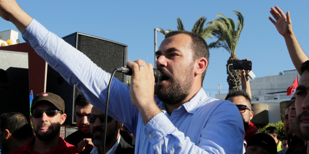 Moroccan activist and the leader of the protest movement Nasser Zefzafi gives a speech during a demonstration in the northern town of Al-Hoceima, seven months after a fishmonger was crushed to death inside a garbage truck as he tried to retrieve fish confiscated by the police, in Al-Hoceima, Morocco May 18, 2017. REUTERS/Youssef Boudlal