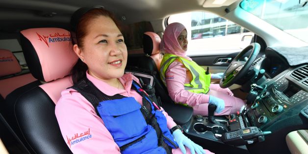 Philippines doctor Maria Lagbes sits in a pink ambulance of the Women Responders team in Dubai on July 13, 2017.Four women, two medics and two drivers, are leading the pilot project for a women-only pink ambulance service that aims to expedite medical care by helping patients feel more at ease. / AFP PHOTO / GIUSEPPE CACACE (Photo credit should read GIUSEPPE CACACE/AFP/Getty Images)