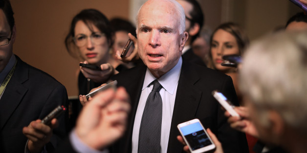 WASHINGTON, DC - JULY 13: Sen. John McCain (R-AZ) leaves a meeting where a new version of a GOP healthcare bill was unveiled to Republican senators at the U.S. Capitol July 13, 2017 in Washington, DC. The latest version of the proposed bill aims to repeal and replace the Affordable Care Act, also knows as Obamacare. (Photo by Chip Somodevilla/Getty Images)