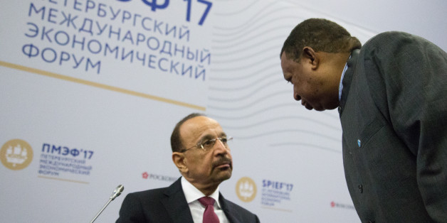 Minister of Energy, Industry and Mineral Resources of the Kingdom of Saudi Arabia H.E. Khalid A. Al-Falih (L) and Secretary General, Organization of the Petroleum Exporting Countries (OPEC) H.E. Mohammad Sanusi Barkindo attends a session of the St. Petersburg International Economic Forum (SPIEF), Russia, June 2, 2017 (Photo by Igor Russak/NurPhoto via Getty Images)