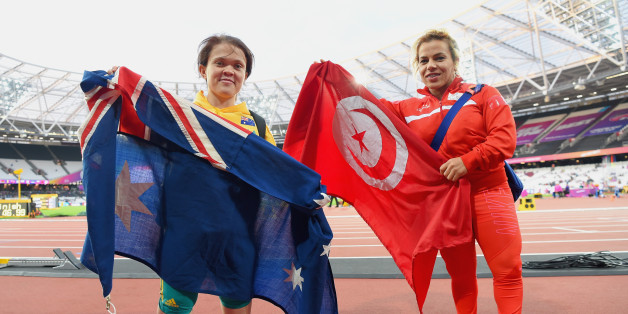 LONDON, ENGLAND - JULY 19: Raoua Tilili of Tunisia (R/Gold) and Claire Keefer of Australia (L/Silver) celebrate winning their medals the Women's Shot Put F41 Final during Day Six of the IPC World ParaAthletics Championships 2017 London at London Stadium on July 19, 2017 in London, England. (Photo by Mike Hewitt/Getty Images)