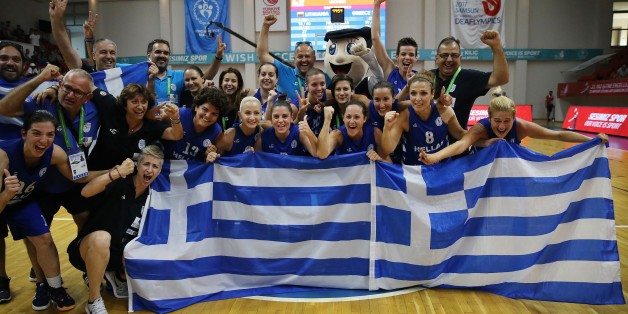 SAMSUN, TURKEY - JULY 29: Players of Greece celebrate their championship after the Women's basketball final match between Greece and Lithuania within the 23rd Summer Deaflympics 2017 at Mustafa Dagistanli Sports Center in Samsun, Turkey on July 29, 2017. (Photo by Metin Aktas/Anadolu Agency/Getty Images)