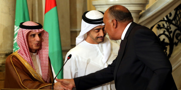 Saudi Foreign Minister Adel al-Jubeir, UAE Foreign Minister Abdullah bin Zayed al-Nahyan and Egyptian Foreign Minister Sameh Shoukry attend a press conference after their meeting that discussed the diplomatic situation with Qatar, in Cairo, Egypt July 5, 2017. REUTERS/Khaled Elfiqi/Pool