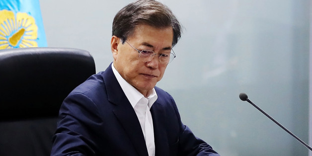 SEOUL, SOUTH KOREA - JULY 29: In this handout photo released by the South Korean Presidential Blue House, South Korean President Moon Jae-in speaks as he presides over a meeting of the National Security Council at the presidential Blue House on July 29, 2017 in Seoul, South Korea. North Korea launched another test missile, believed to be an Inter Continental Ballistic Missile (ICBM), which travelled 45 minutes before splashing down in the Exclusive Economic Zone (EEZ) of Japan. (Photo by South