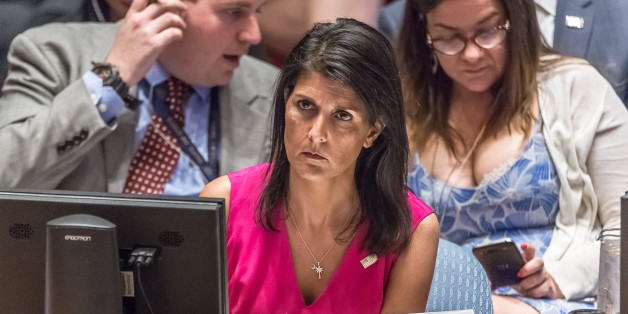 UN HEADQUARTERS, NEW YORK, NY, UNITED STATES - 2017/07/12: US Permanent Representative to the UN Ambassador Nikki Haley is seen during a meeting of the United Nations Security Council regarding the ongoing humanitarian crisis in Yemen which has been complicated by a worsening cholera epidemic and militarized conflict. At the meeting, Council members were briefed by the Secretary-Generals Special Envoy for Yemen Ismail Ould Cheikh Ahmed, Director-General of the World Health Organization Tedros A
