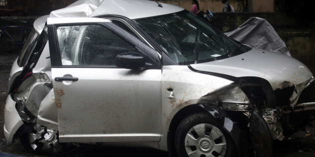 MUMBAI, INDIA - AUGUST 11, 2008: Road Accidents Rash and Negligence Driving Teen Driver The broken car which met with an accident on Sunday night kept at Tardeo police station A 17year old teenager Varad Agarwal who was drivng the car died in the accident. (Photo by Kunal Patil/Hindustan Times via Getty Images)