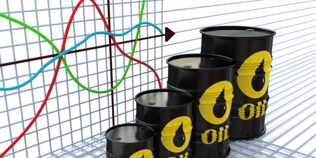 One row of oil barrels and a financial chart on background (3d render) in the design of the information related to the economy