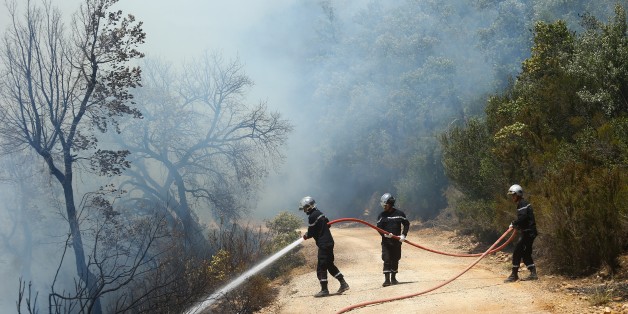 JENDOUBA, TUNISIA - AUGUST 2: Firefighters try to extinguish a forest fire in Jendouba, Tunisia on August 2, 2017. (Photo by Yassine Gaidi/Anadolu Agency/Getty Images)