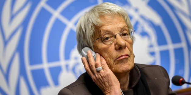 Member of the United Nations (UN) Commission of Inquiry on Syria, Carla del Ponte attends a press conference on March 17, 2015 in Geneva. UN investigators offered to share names from secret lists of alleged Syria war criminals with prosecutors to help end the 'culture of impunity' in the country. AFP PHOTO / FABRICE COFFRINI (Photo credit should read FABRICE COFFRINI/AFP/Getty Images)