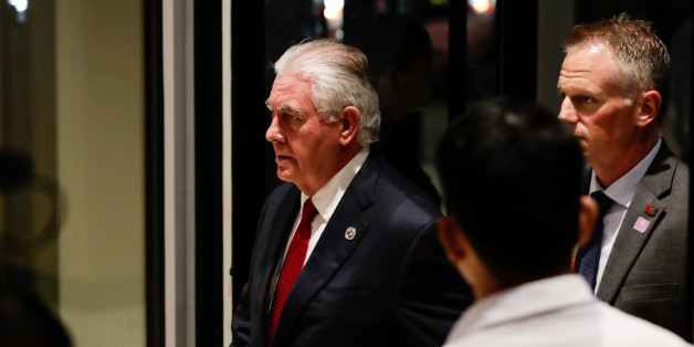US Secretary of State Rex Tillerson (L) arrives at the Conrad hotel in Manila on August 6, 2017.
The annual forum, hosted by the Association of Southeast Asian Nations (ASEAN), brings together the top diplomats from 26 countries and the European Union for talks on political and security issues in Asia-Pacific. / AFP PHOTO / POOL / Mark R. CRISTINO (Photo credit should read MARK R. CRISTINO/AFP/Getty Images)