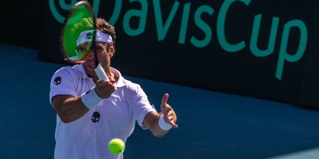 TUNIS, TUNISIA - JULY 15 : Malek Jaziri of Tunis in action against Alexander Lazarov (not seen) of Bulgaria during Davis Cup Europe-Africa Region Group B match at Tennis Club El Menzah in Tunis, Tunisia July 15, 2016. (Photo by Amine Landoulsi/Anadolu Agency/Getty Images)