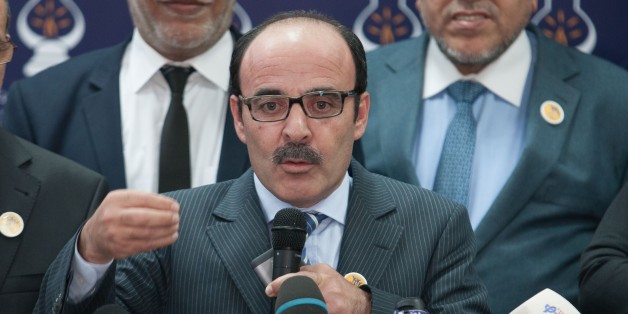 RABAT, MOROCCO - MARCH 21: General Secretary of the Authenticity and Modernity Party, Ilyas El Omari delivers a speech during a joint press conference with the head of the National Council of Justice and Development Party (JDP), Saadeddine Othmani (not seen) after their meeting in Rabat, Morocco on March 21, 2017. (Photo by Jalal Morchidi/Anadolu Agency/Getty Images)