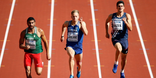 LONDON, ENGLAND - AUGUST 11: (L-R) Larbi Bourrada of Algeria, Janek Oiglane of Estonia and Bastien Auzeil of France compete in the Men's Decathlon 100 metres during day eight of the 16th IAAF World Athletics Championships London 2017 at The London Stadium on August 11, 2017 in London, United Kingdom. (Photo by Andy Lyons/Getty Images for IAAF)