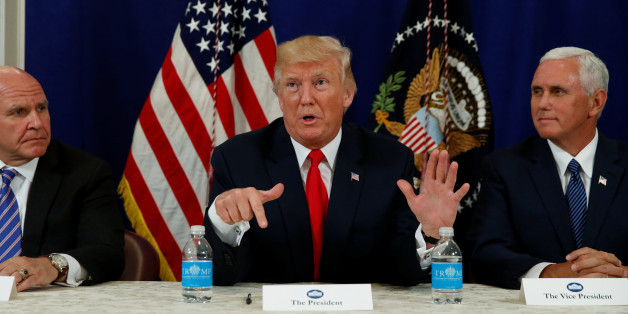 U.S. President Donald Trump speaks to reporters after a security briefing with National Security Adviser H.R. McMaster (L) and ?Vice President Mike Pence? (R) at Trump's golf estate in Bedminster, New Jersey U.S. August 10, 2017. REUTERS/Jonathan Ernst