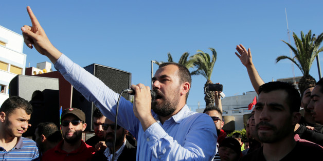 Moroccan activist and the leader of the protest movement Nasser Zefzafi gives a speech during a demonstration in the northern town of Al-Hoceima, seven months after a fishmonger was crushed to death inside a garbage truck as he tried to retrieve fish confiscated by the police, in Al-Hoceima, Morocco May 18, 2017. REUTERS/Youssef Boudlal
