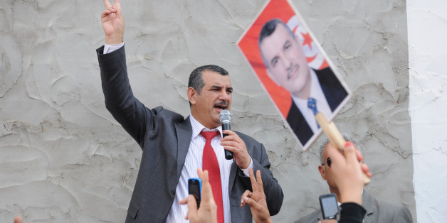 SOUSSE, TUNISIA - NOVEMBER 5: Head of the Tayar al-Mahaba Party and presidential candidate Mohammed al Hachimi Al-Hamidi (L) addresses his supporters within his campaign of upcoming presidential election in Sousse city of Tunisia on November 5, 2014. (Photo by Maher Jaidane/Anadolu Agency/Getty Images)