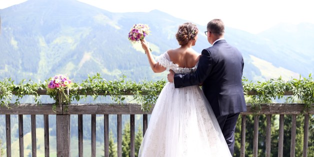 SAALBACH-HINTERGLEMM, AUSTRIA - JULY 22: Bridegroom Torsten Koch and his wife bride Annika Koch during the wedding of Torsten Koch and Annika Hofmann at Wiesergut Alm on July 22, 2017 in Saalbach-Hinterglemm, Austria. (Photo by Gisela Schober/Getty Images)