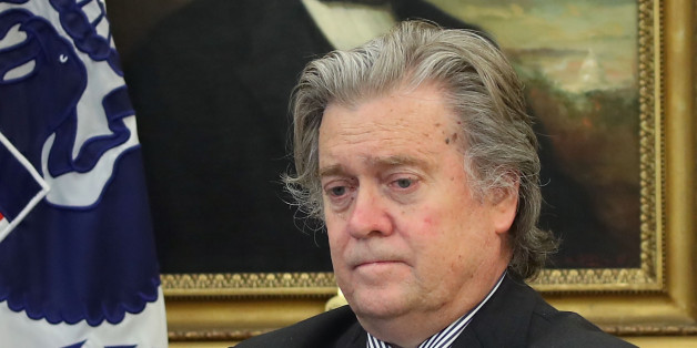 WASHINGTON, DC - APRIL 20: Advisor to the President Steve Bannon listens as U.S. President Donald Trump speaks before signing an Executive Memorandum on the investigation of steel imports, in the Oval Office at the White House, on April 20, 2017 in Washington, DC. (Photo by Mark Wilson/Getty Images)