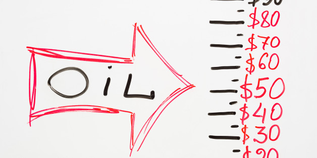 Drawn red arrow with word oil pointing on price figures in dollars on white board